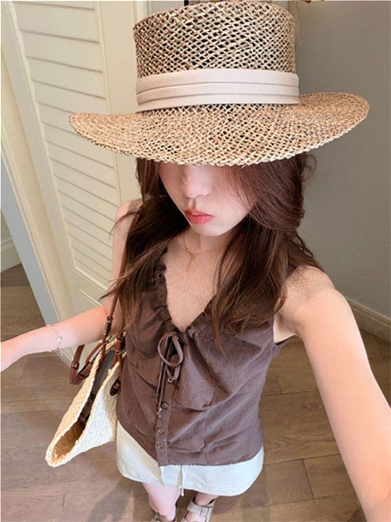 원본 품질 네리 V넥 조끼 여성 여름 비즈 핀치 Pleat 민소매 허리 수축 쇼트 스타일 작은 맨위 상세 이미지 17