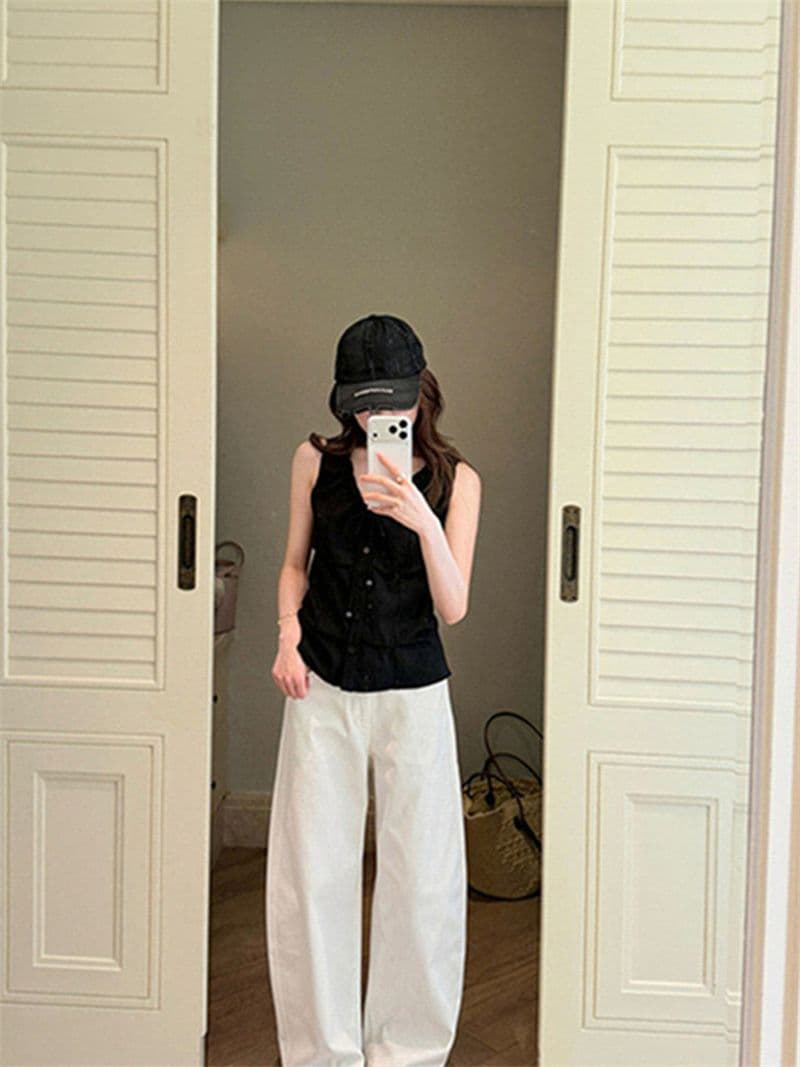 원본 품질 네리 V넥 조끼 여성 여름 비즈 핀치 Pleat 민소매 허리 수축 쇼트 스타일 작은 맨위 상세 이미지 23