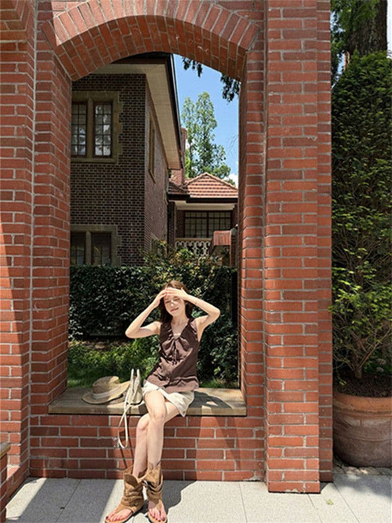 원본 품질 네리 V넥 조끼 여성 여름 비즈 핀치 Pleat 민소매 허리 수축 쇼트 스타일 작은 맨위 상세 이미지 24