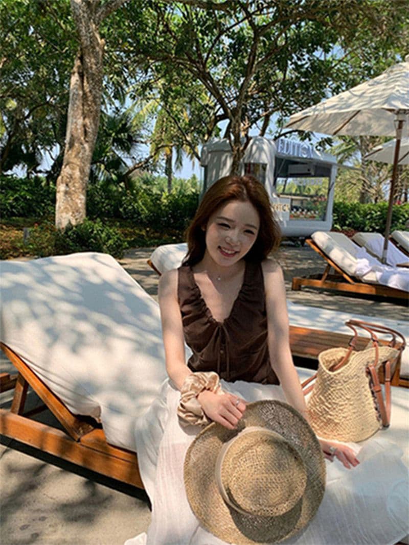 원본 품질 네리 V넥 조끼 여성 여름 비즈 핀치 Pleat 민소매 허리 수축 쇼트 스타일 작은 맨위 상세 이미지 26