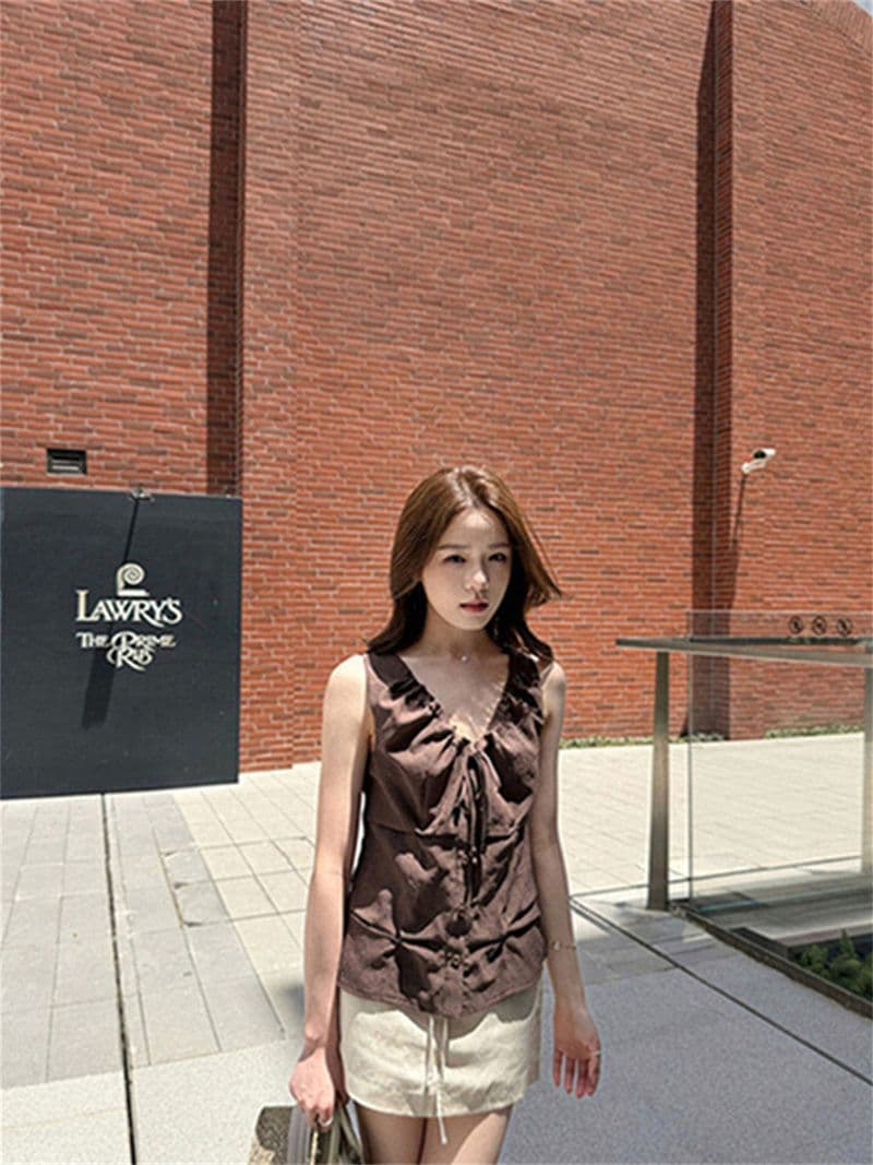 원본 품질 네리 V넥 조끼 여성 여름 비즈 핀치 Pleat 민소매 허리 수축 쇼트 스타일 작은 맨위 상세 이미지 28