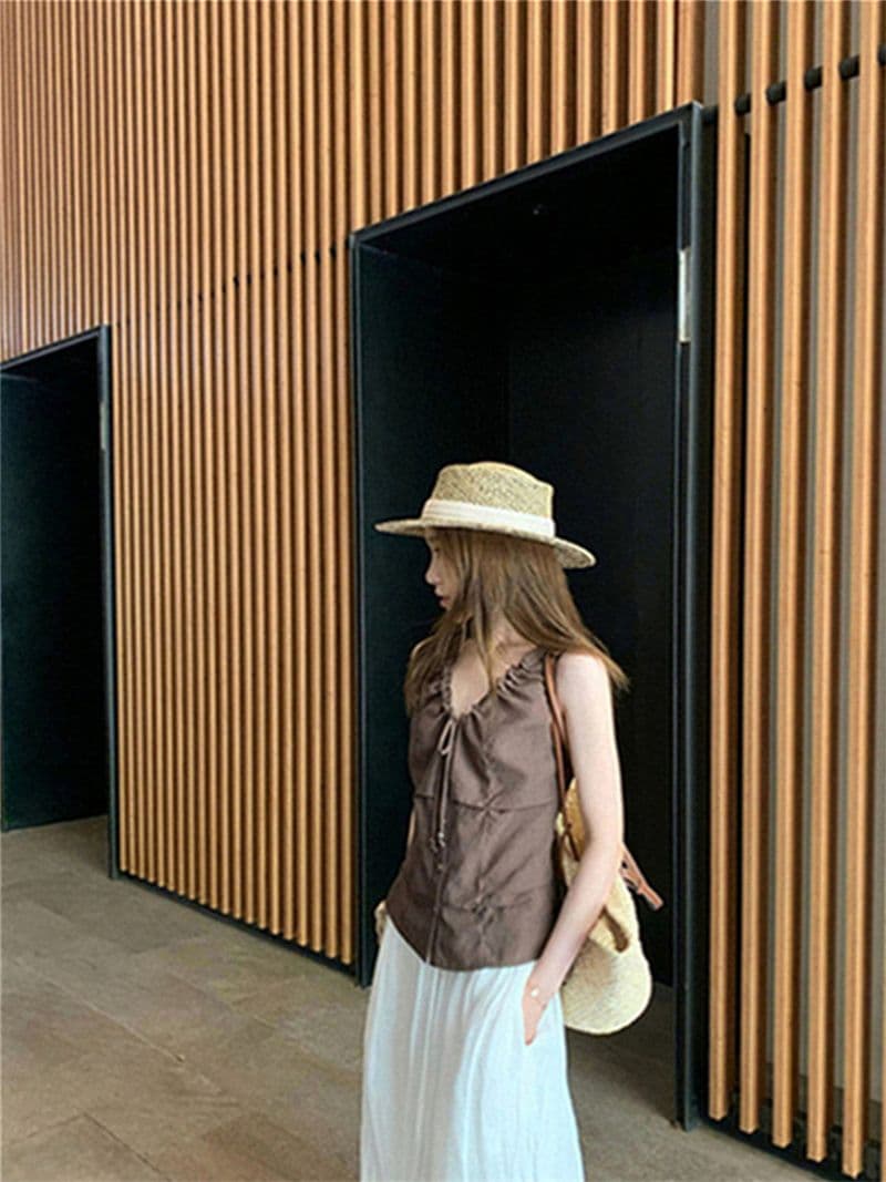 원본 품질 네리 V넥 조끼 여성 여름 비즈 핀치 Pleat 민소매 허리 수축 쇼트 스타일 작은 맨위 상세 이미지 30