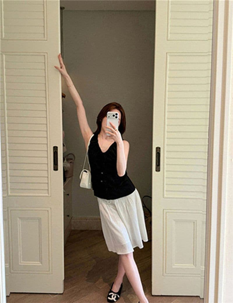 원본 품질 네리 V넥 조끼 여성 여름 비즈 핀치 Pleat 민소매 허리 수축 쇼트 스타일 작은 맨위 상세 이미지 32