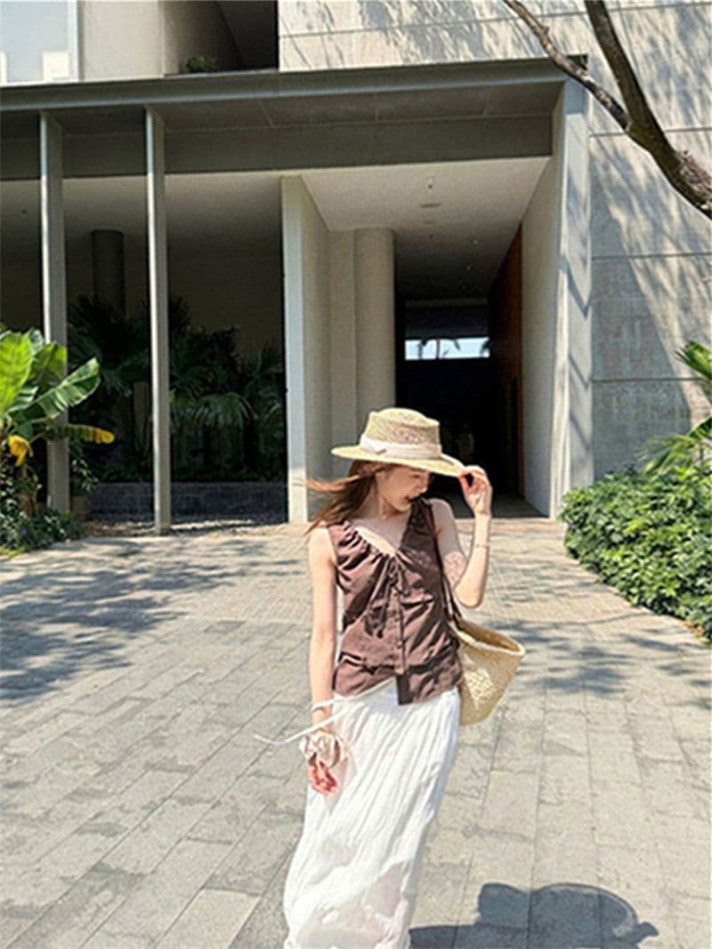 원본 품질 네리 V넥 조끼 여성 여름 비즈 핀치 Pleat 민소매 허리 수축 쇼트 스타일 작은 맨위 상세 이미지 34