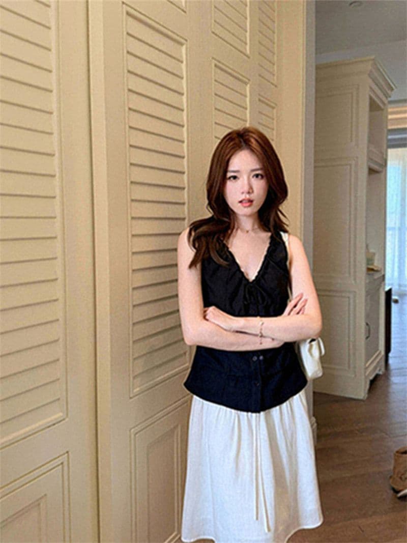 원본 품질 네리 V넥 조끼 여성 여름 비즈 핀치 Pleat 민소매 허리 수축 쇼트 스타일 작은 맨위 상세 이미지 41