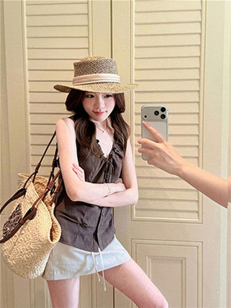 원본 품질 네리 V넥 조끼 여성 여름 비즈 핀치 Pleat 민소매 허리 수축 쇼트 스타일 작은 맨위 상세 이미지 43