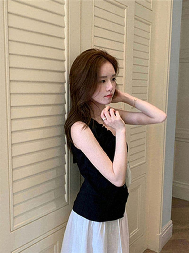 원본 품질 네리 V넥 조끼 여성 여름 비즈 핀치 Pleat 민소매 허리 수축 쇼트 스타일 작은 맨위 상세 이미지 46