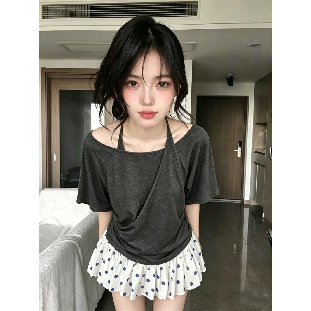 원본 품질 한 부서 행침 목 슬립 패치워크 반팔 티셔츠 여성 불규칙 십자가 보트넥 맨위 이미지 3