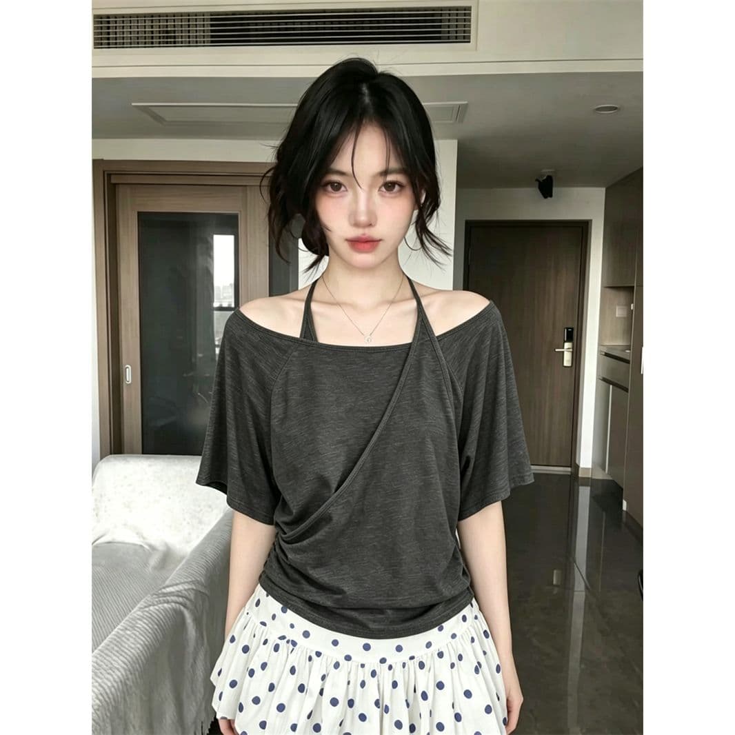 원본 품질 한 부서 행침 목 슬립 패치워크 반팔 티셔츠 여성 불규칙 십자가 보트넥 맨위 이미지 4