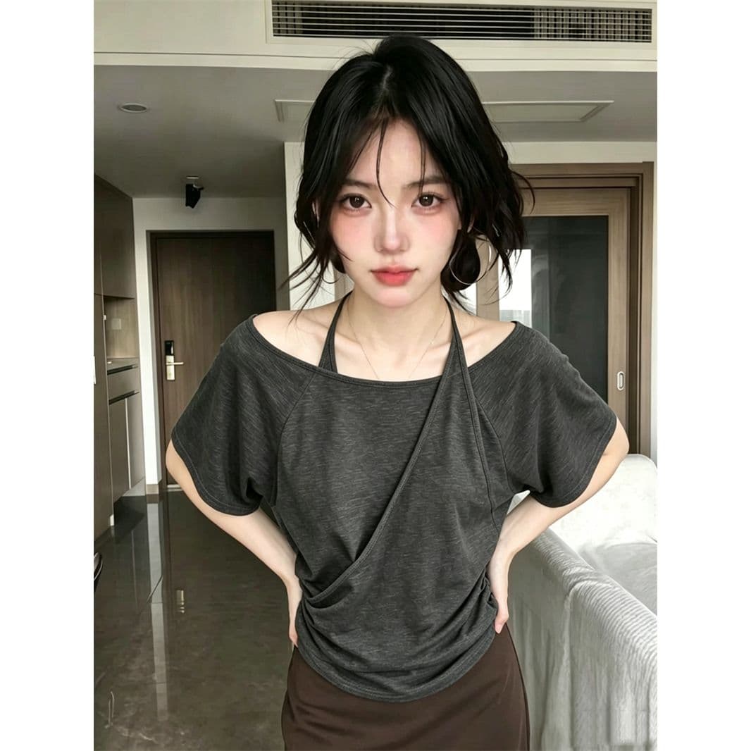 원본 품질 한 부서 행침 목 슬립 패치워크 반팔 티셔츠 여성 불규칙 십자가 보트넥 맨위