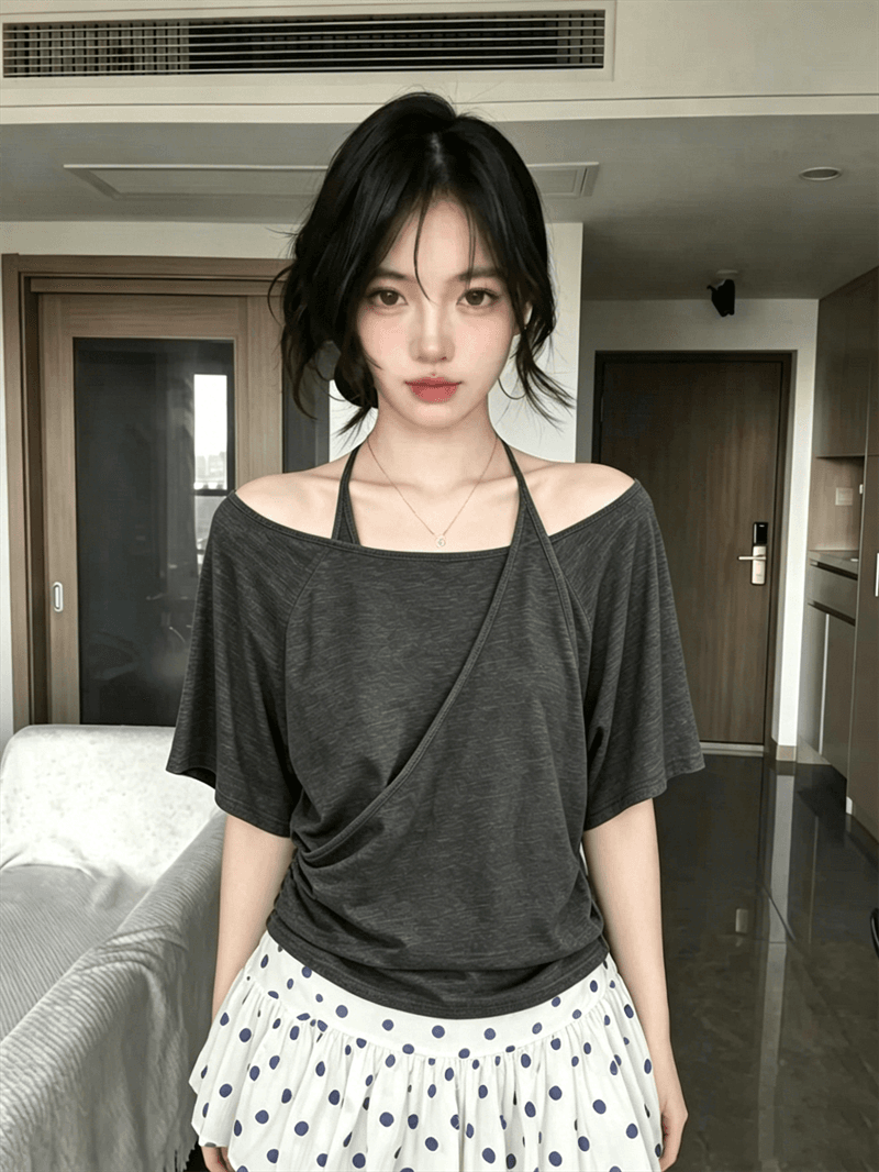원본 품질 한 부서 행침 목 슬립 패치워크 반팔 티셔츠 여성 불규칙 십자가 보트넥 맨위 상세 이미지 2
