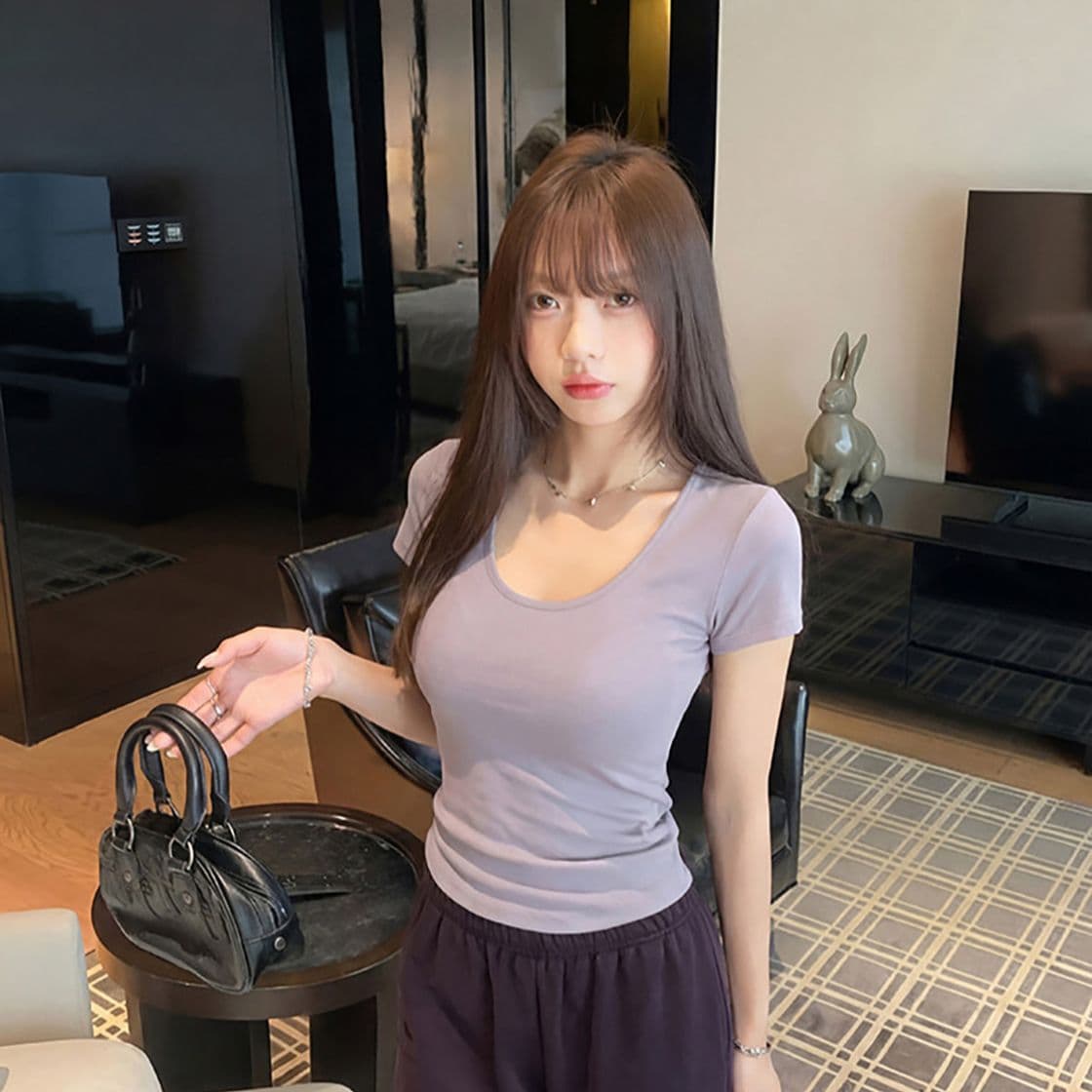 골드 제품 양모 28 면 38 사람들 면 28 아크릴 6 암모니아 Lun 한 부서 품격 다용도 슬림해 보이는 대 u 칼라 반팔 티셔츠 이미지 5