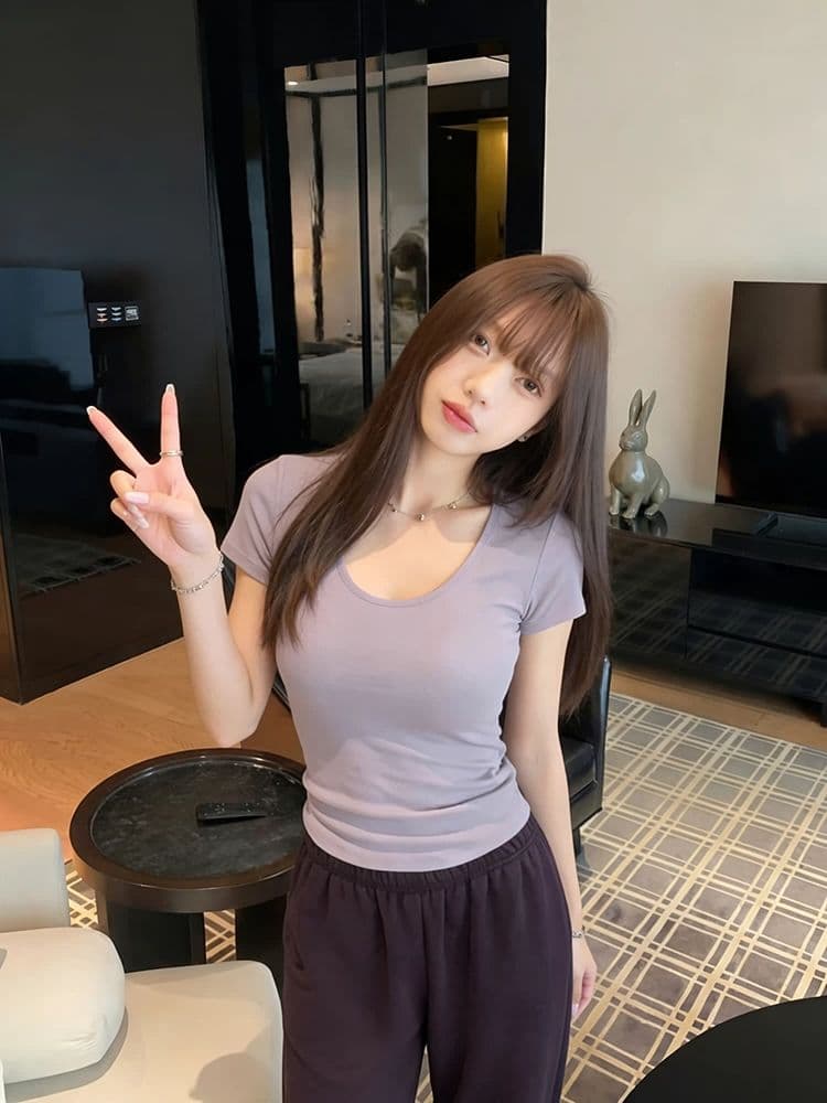 골드 제품 양모 28 면 38 사람들 면 28 아크릴 6 암모니아 Lun 한 부서 품격 다용도 슬림해 보이는 대 u 칼라 반팔 티셔츠 상세 이미지 4