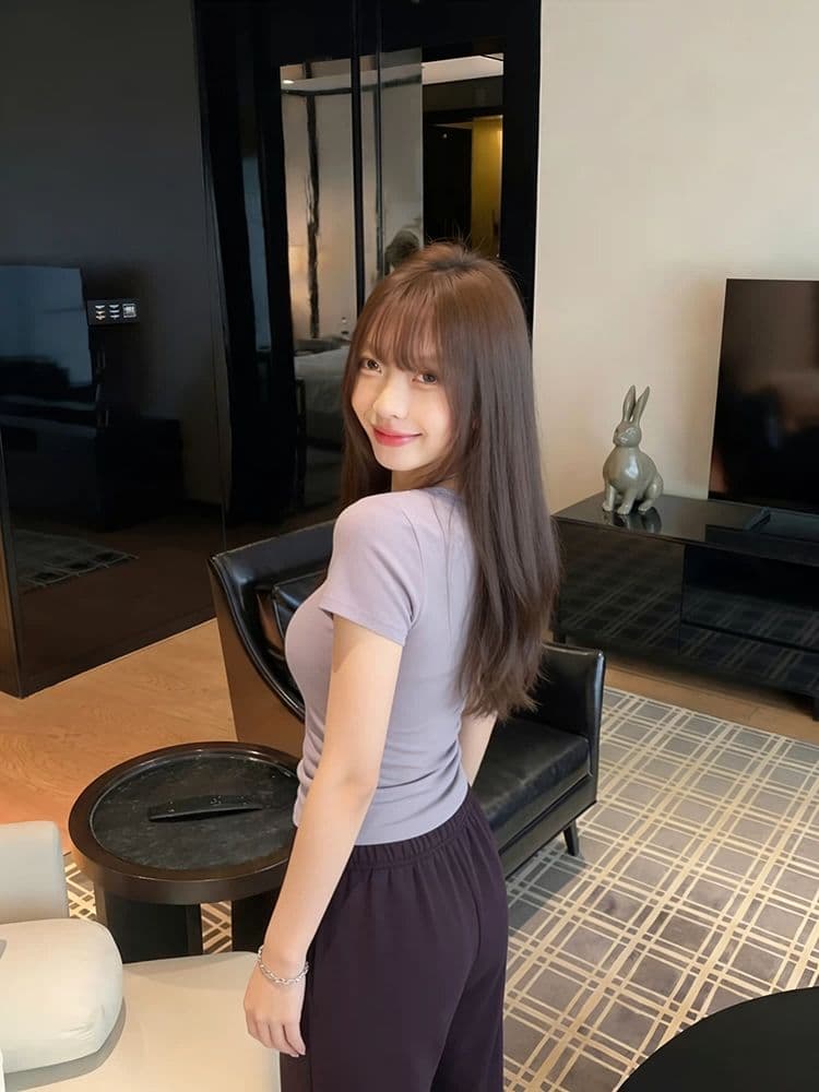 골드 제품 양모 28 면 38 사람들 면 28 아크릴 6 암모니아 Lun 한 부서 품격 다용도 슬림해 보이는 대 u 칼라 반팔 티셔츠 상세 이미지 6