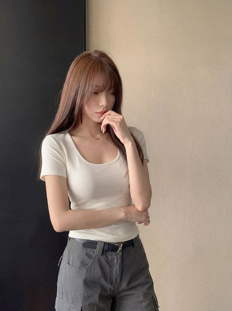 골드 제품 양모 28 면 38 사람들 면 28 아크릴 6 암모니아 Lun 한 부서 품격 다용도 슬림해 보이는 대 u 칼라 반팔 티셔츠 상세 이미지 9