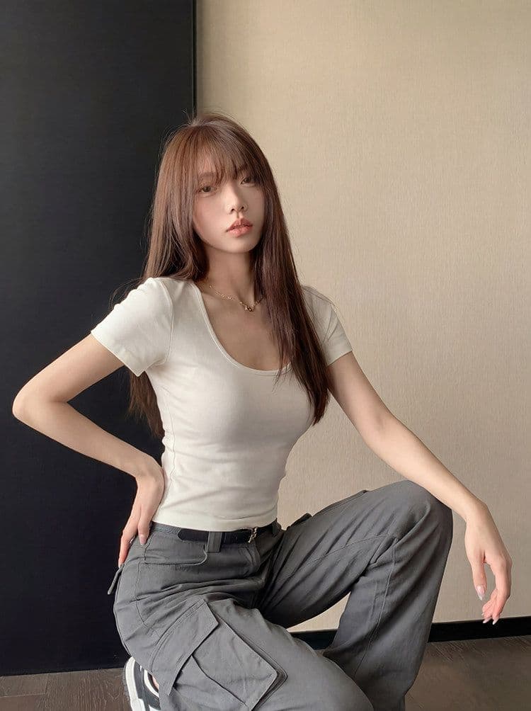 골드 제품 양모 28 면 38 사람들 면 28 아크릴 6 암모니아 Lun 한 부서 품격 다용도 슬림해 보이는 대 u 칼라 반팔 티셔츠 상세 이미지 11