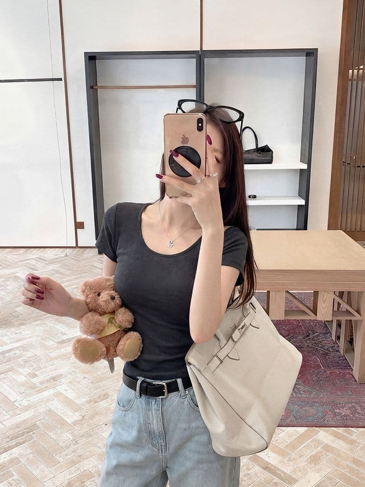 골드 제품 양모 28 면 38 사람들 면 28 아크릴 6 암모니아 Lun 한 부서 품격 다용도 슬림해 보이는 대 u 칼라 반팔 티셔츠 상세 이미지 12