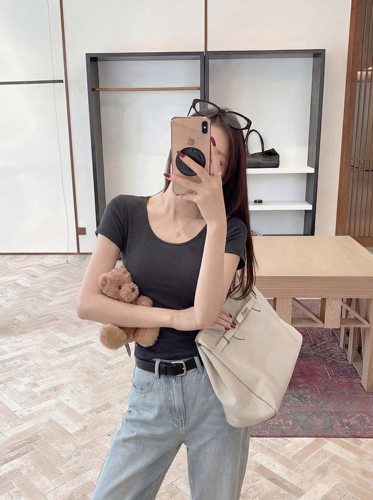 골드 제품 양모 28 면 38 사람들 면 28 아크릴 6 암모니아 Lun 한 부서 품격 다용도 슬림해 보이는 대 u 칼라 반팔 티셔츠 상세 이미지 13