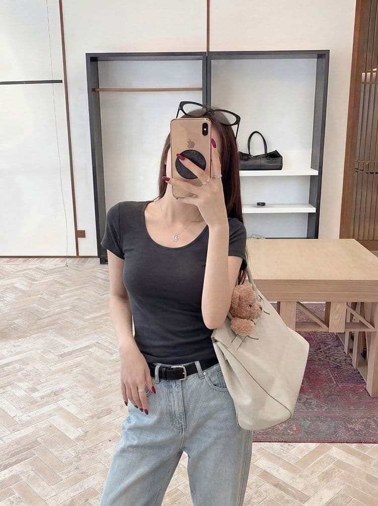 골드 제품 양모 28 면 38 사람들 면 28 아크릴 6 암모니아 Lun 한 부서 품격 다용도 슬림해 보이는 대 u 칼라 반팔 티셔츠 상세 이미지 14