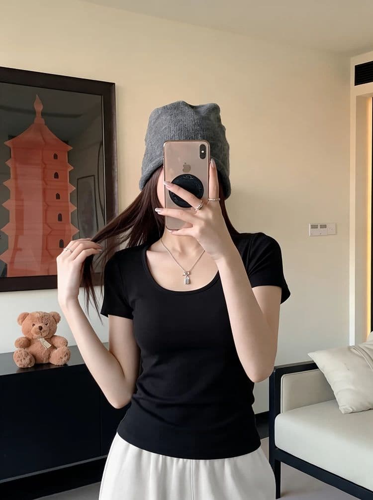 골드 제품 양모 28 면 38 사람들 면 28 아크릴 6 암모니아 Lun 한 부서 품격 다용도 슬림해 보이는 대 u 칼라 반팔 티셔츠 상세 이미지 18