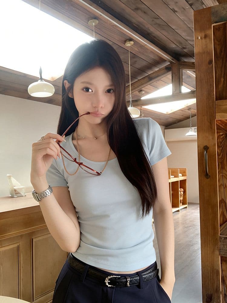 골드 제품 양모 28 면 38 사람들 면 28 아크릴 6 암모니아 Lun 한 부서 품격 다용도 슬림해 보이는 대 u 칼라 반팔 티셔츠 상세 이미지 23
