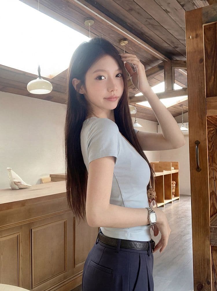 골드 제품 양모 28 면 38 사람들 면 28 아크릴 6 암모니아 Lun 한 부서 품격 다용도 슬림해 보이는 대 u 칼라 반팔 티셔츠 상세 이미지 26