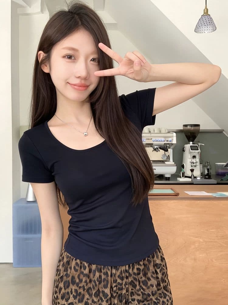 골드 제품 양모 28 면 38 사람들 면 28 아크릴 6 암모니아 Lun 한 부서 품격 다용도 슬림해 보이는 대 u 칼라 반팔 티셔츠 상세 이미지 44