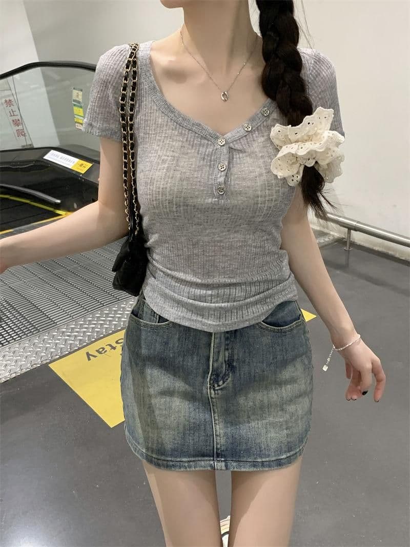 원본 원단 순수한 욕망 마이크로 ~을 통해 디자인 센스 V넥 반팔 티셔츠 작은 대중 Chic 얇은 스타일 맨위 상세 이미지 7