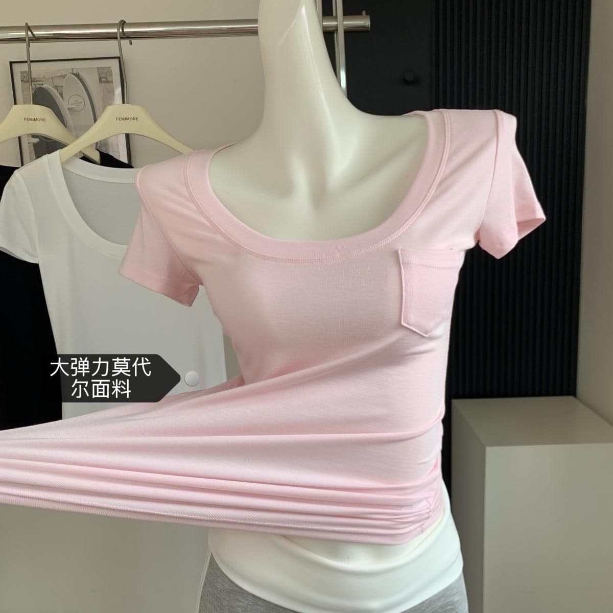 모달 260 그램 대 u 칼라 순수한 욕망 허리 수축 슬림해 보이는 모달 긍정적 인 어깨 티셔츠 반팔 맨위 상세 이미지 3