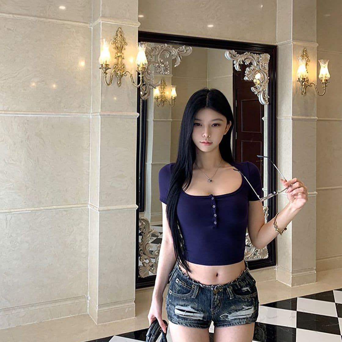 모달 260 그램 달콤한 매운맛 순수한 욕망 타이트 단추 긍정적 인 어깨 반팔 아메리칸 섹시함 캐주얼 몸매 가꾸기 슬림해 보이는 맨위 이미지 4