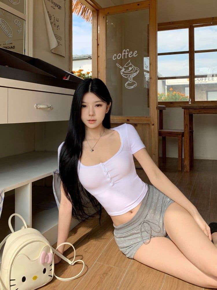 모달 260 그램 달콤한 매운맛 순수한 욕망 타이트 단추 긍정적 인 어깨 반팔 아메리칸 섹시함 캐주얼 몸매 가꾸기 슬림해 보이는 맨위 상세 이미지 14