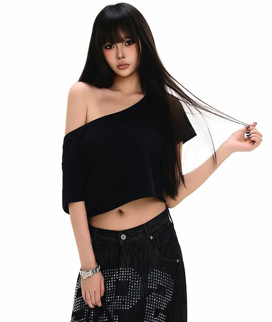 순면 대어 를 낚 인 250그램 여름 새로운 핫걸 비스듬한 어깨 티셔츠 슬림해 보이는 다용도 디자인 센스 쇼트 스타일 맨위 상세 이미지 2