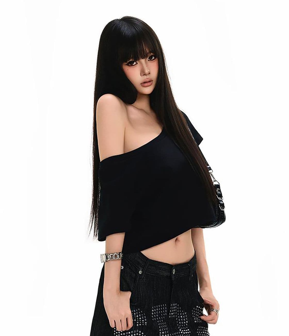 순면 대어 를 낚 인 250그램 여름 새로운 핫걸 비스듬한 어깨 티셔츠 슬림해 보이는 다용도 디자인 센스 쇼트 스타일 맨위 상세 이미지 3