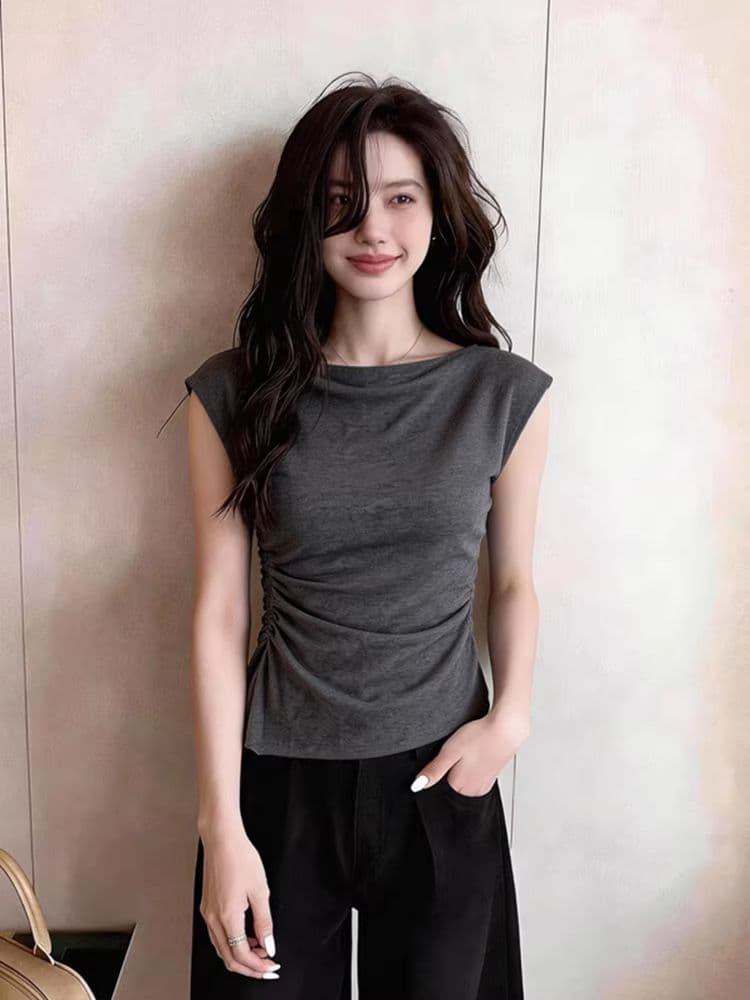 모달 회색 주름 작은 날다 소매 여성 2026 여름 새로운 Chic 몸매 가꾸기 맨위 상세 이미지 6