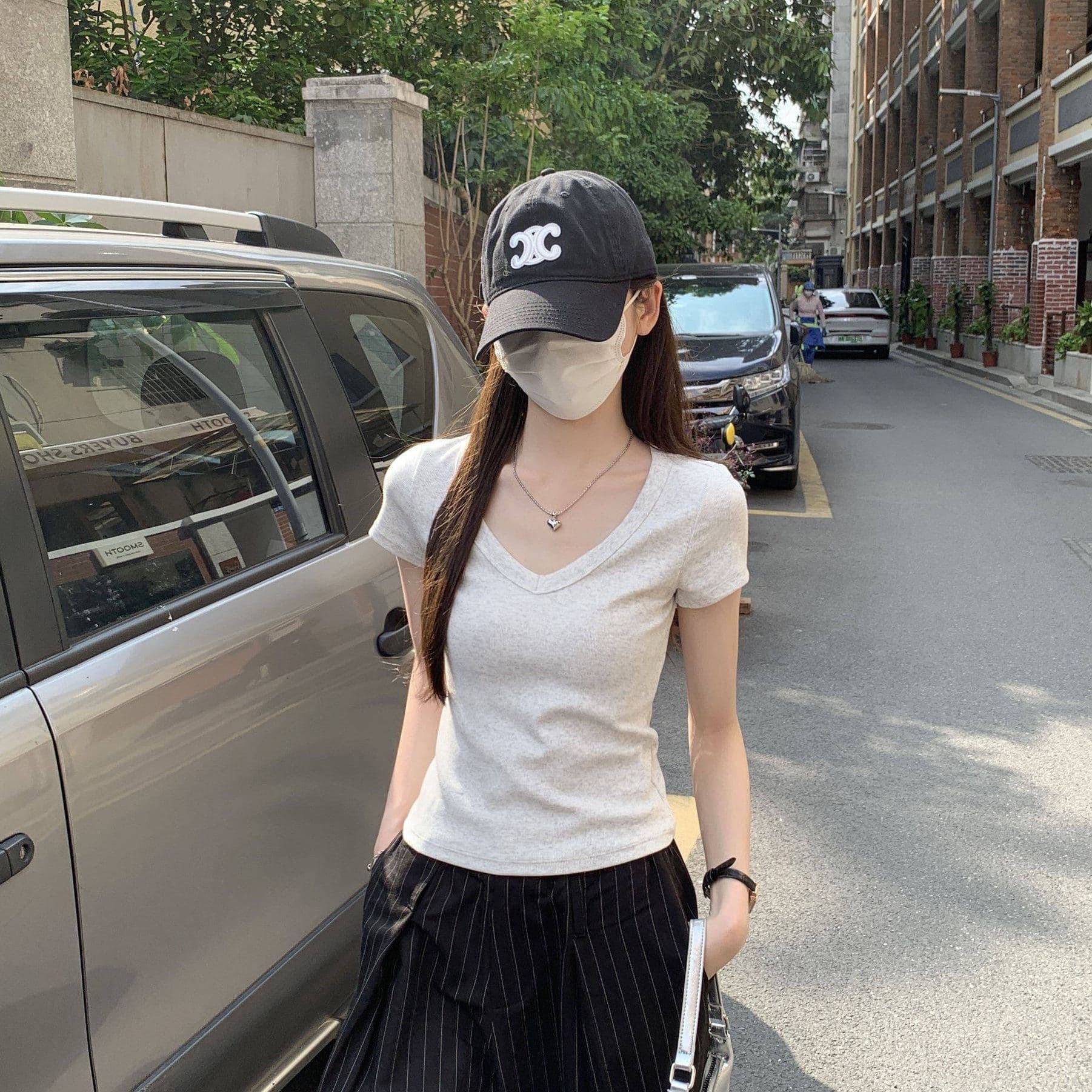 훌륭함 수 있습니다. 면 260 그램 박하 녹색 대 네클라인 반팔 티셔츠 여성 봄 여름 순수한 욕망 바람 인사이드 가져 가라. V넥 긍정적 인 어깨 의류 이미지 5