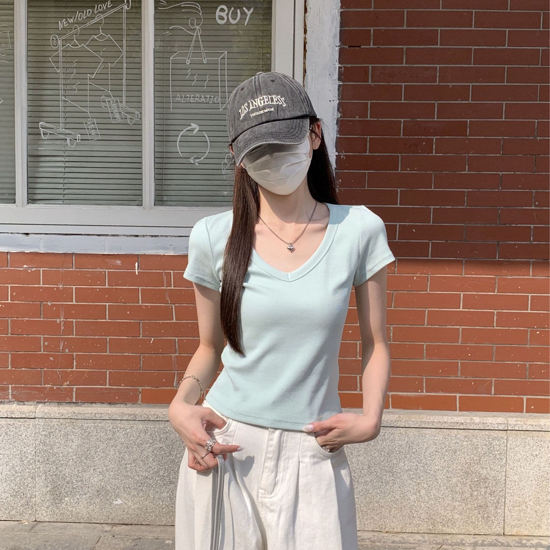 훌륭함 수 있습니다. 면 260 그램 박하 녹색 대 네클라인 반팔 티셔츠 여성 봄 여름 순수한 욕망 바람 인사이드 가져 가라. V넥 긍정적 인 어깨 의류 이미지 2