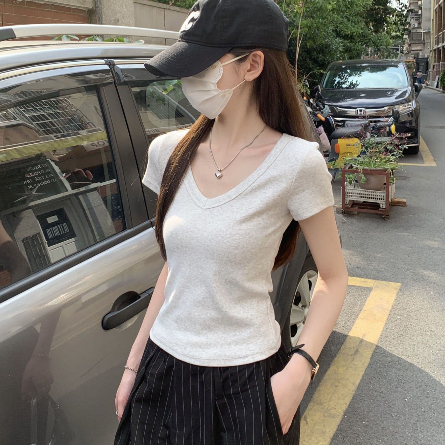 훌륭함 수 있습니다. 면 260 그램 박하 녹색 대 네클라인 반팔 티셔츠 여성 봄 여름 순수한 욕망 바람 인사이드 가져 가라. V넥 긍정적 인 어깨 의류 이미지 4