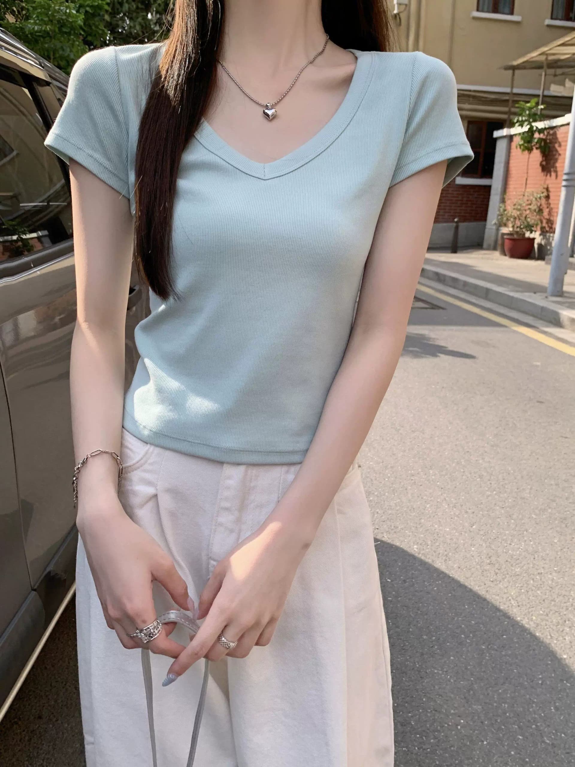 훌륭함 수 있습니다. 면 260 그램 박하 녹색 대 네클라인 반팔 티셔츠 여성 봄 여름 순수한 욕망 바람 인사이드 가져 가라. V넥 긍정적 인 어깨 의류 상세 이미지 4