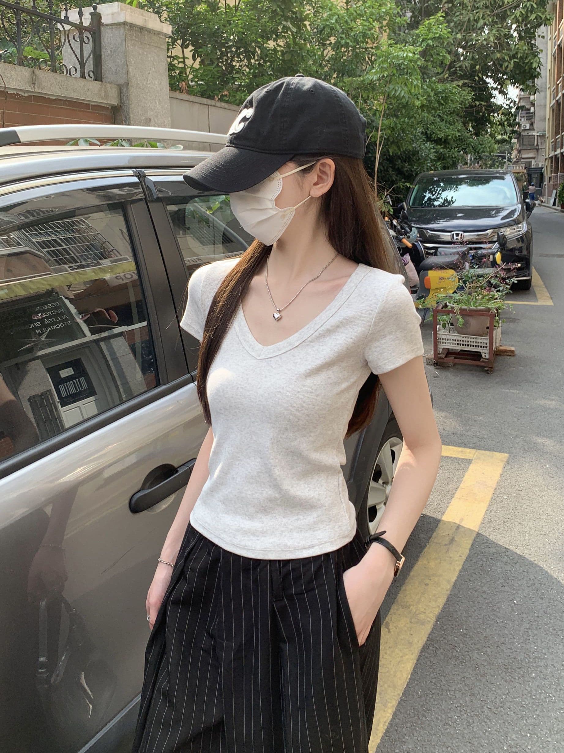 훌륭함 수 있습니다. 면 260 그램 박하 녹색 대 네클라인 반팔 티셔츠 여성 봄 여름 순수한 욕망 바람 인사이드 가져 가라. V넥 긍정적 인 어깨 의류 상세 이미지 6