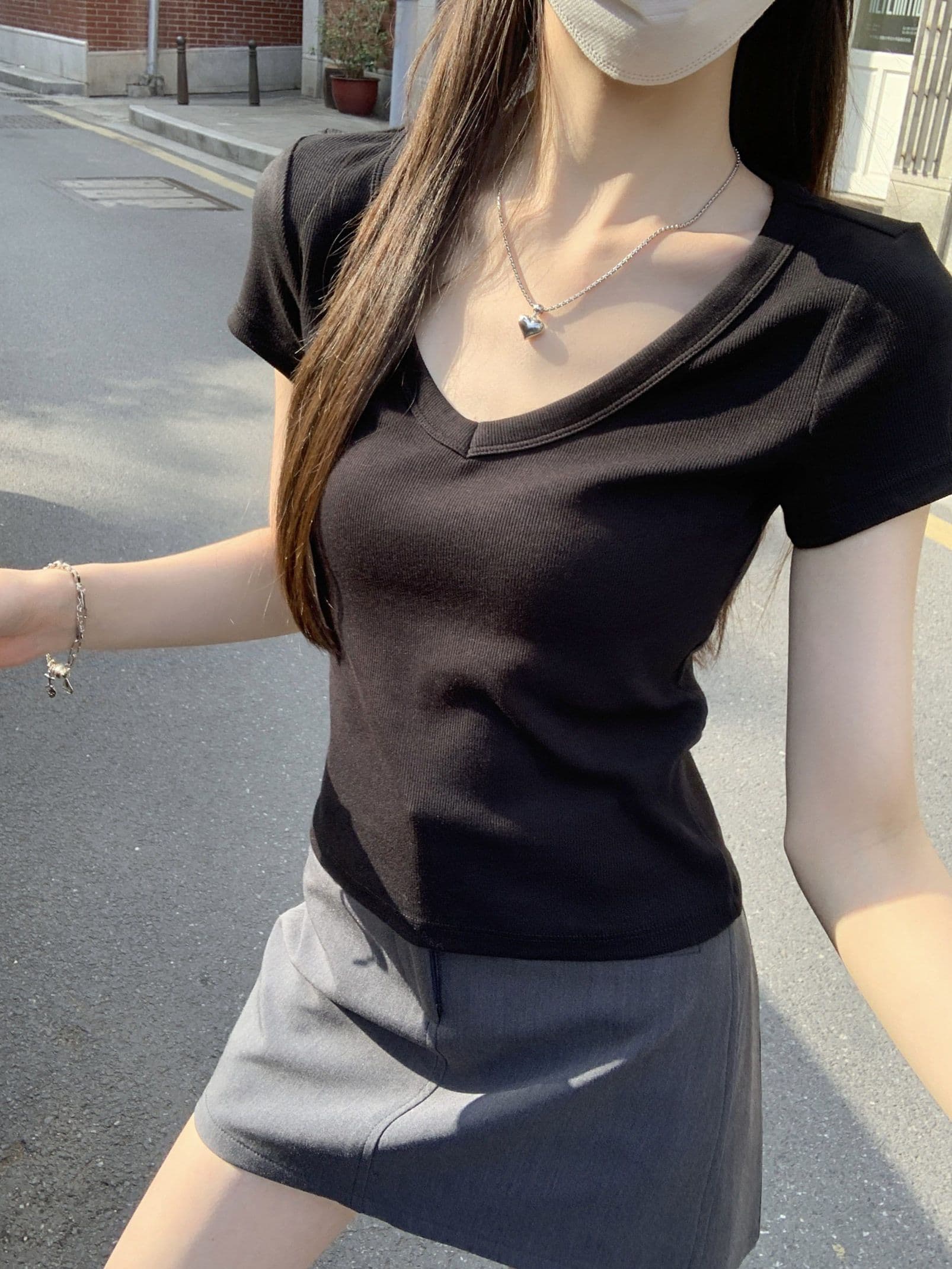 훌륭함 수 있습니다. 면 260 그램 박하 녹색 대 네클라인 반팔 티셔츠 여성 봄 여름 순수한 욕망 바람 인사이드 가져 가라. V넥 긍정적 인 어깨 의류 상세 이미지 10