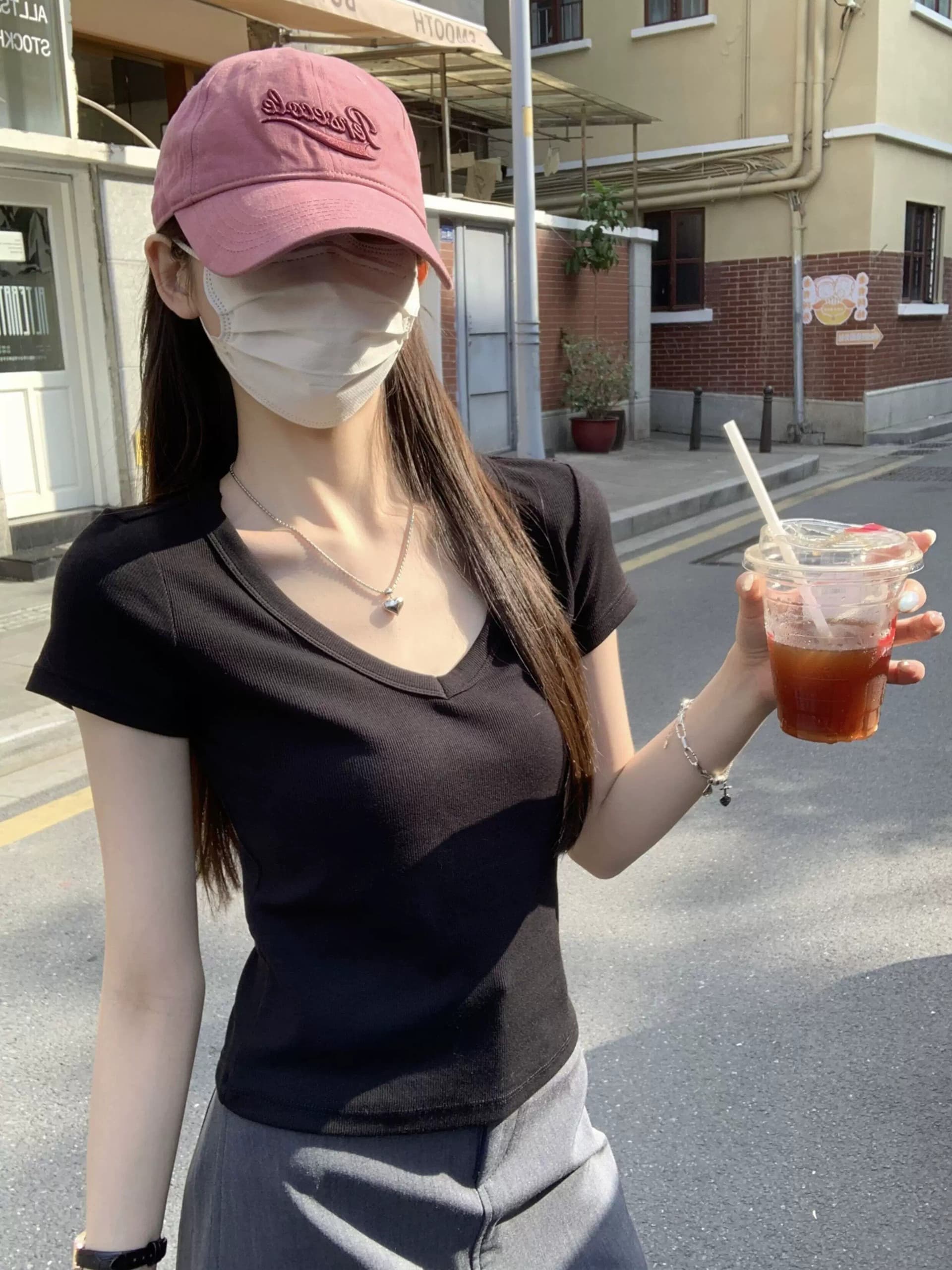 훌륭함 수 있습니다. 면 260 그램 박하 녹색 대 네클라인 반팔 티셔츠 여성 봄 여름 순수한 욕망 바람 인사이드 가져 가라. V넥 긍정적 인 어깨 의류 상세 이미지 11