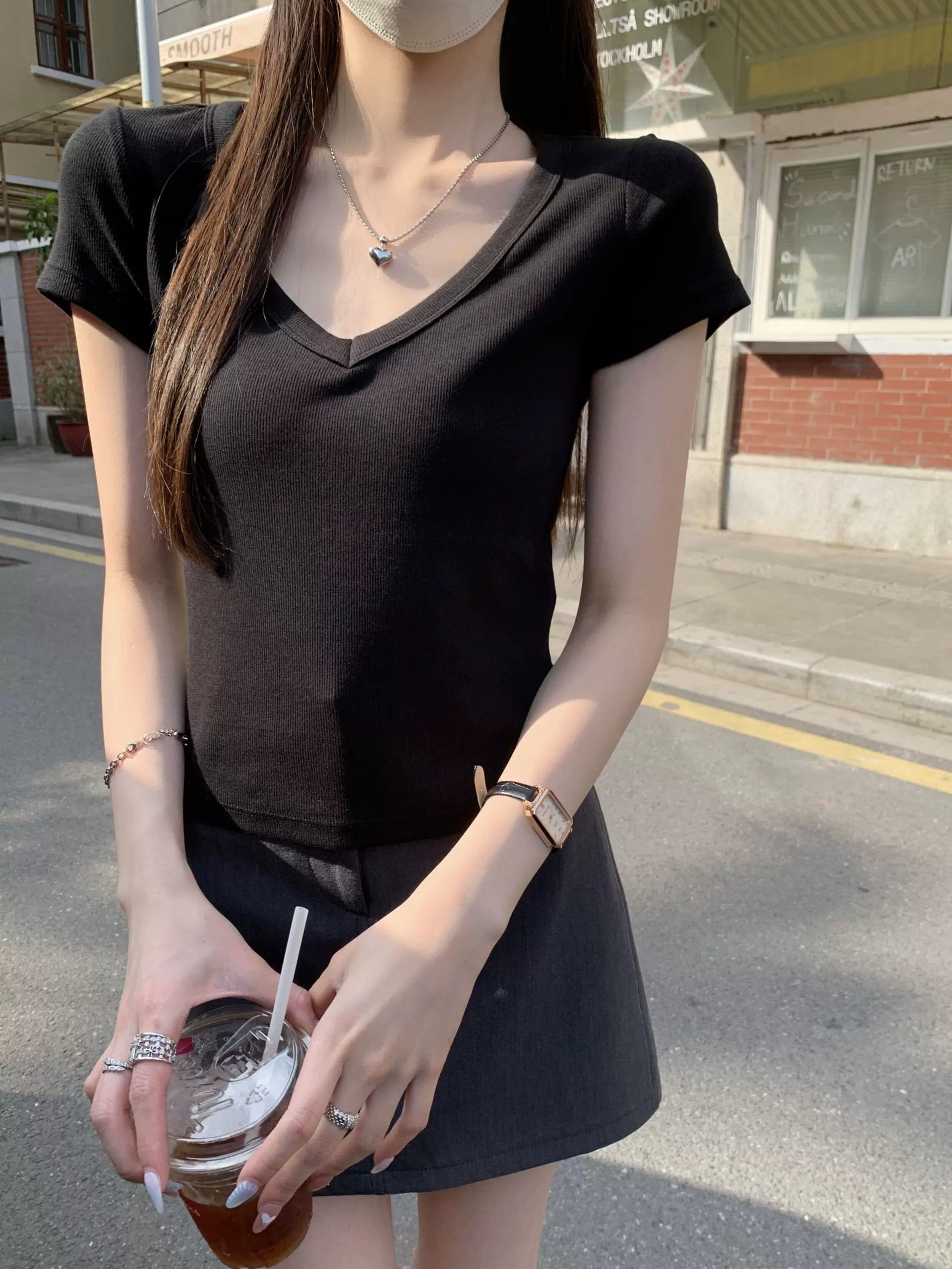 훌륭함 수 있습니다. 면 260 그램 박하 녹색 대 네클라인 반팔 티셔츠 여성 봄 여름 순수한 욕망 바람 인사이드 가져 가라. V넥 긍정적 인 어깨 의류 상세 이미지 12