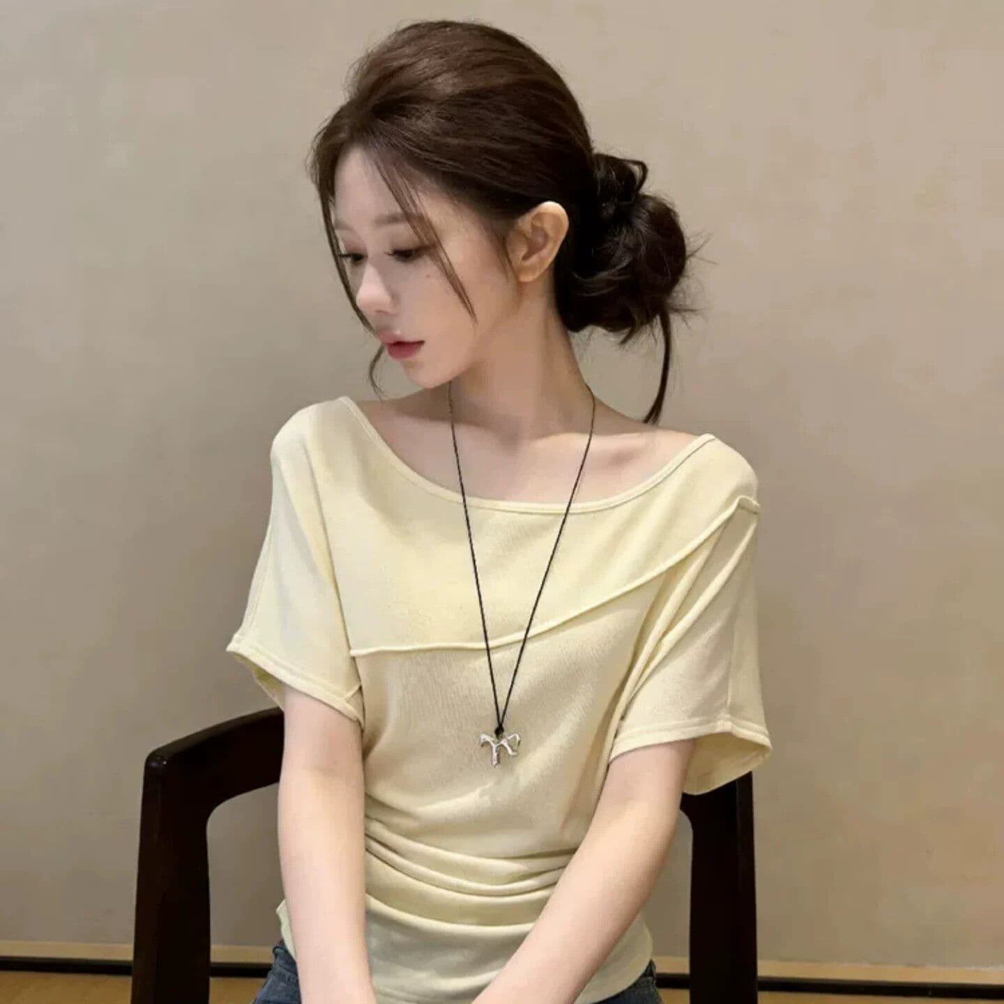 220 그램 물 부드러운 면 95 면 5 암모니아 Lun 미니멀리즘 바람 오프숄더 반팔 티셔츠 여성 여름 꼬집기 허리 디자인 센스 맨위 이미지 2