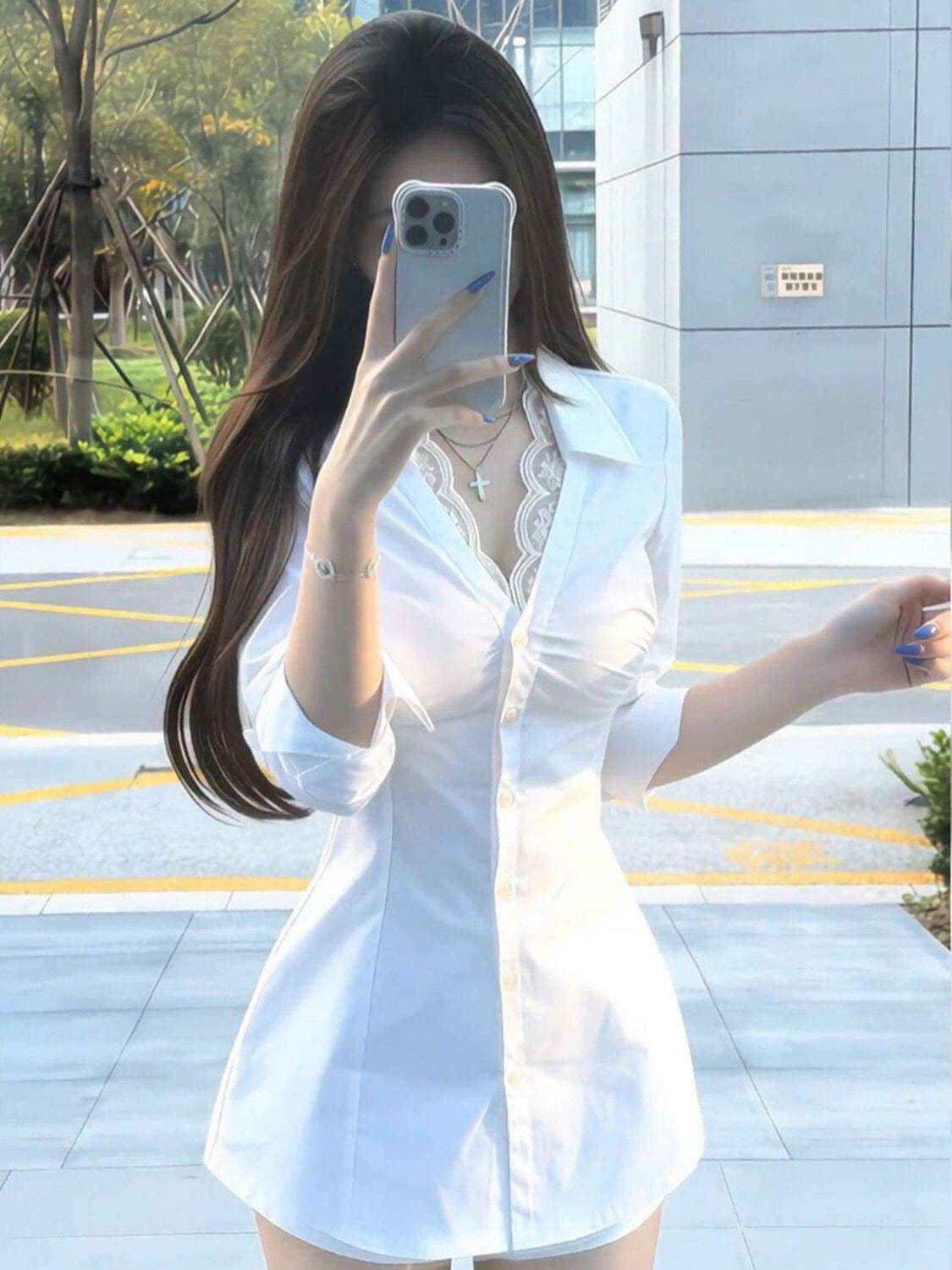 고급 센스 작은 대중 레이스 측면 여성 셔츠 봄 여름 새로운 순수한 욕망 핫걸 몸매 가꾸기 품격 중간 길이 맨위 상세 이미지 2