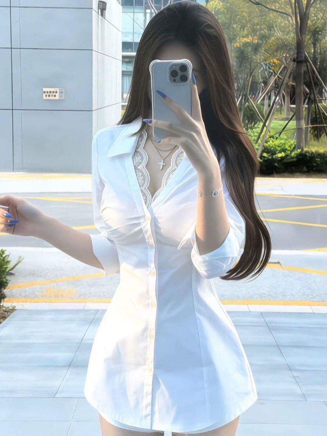 고급 센스 작은 대중 레이스 측면 여성 셔츠 봄 여름 새로운 순수한 욕망 핫걸 몸매 가꾸기 품격 중간 길이 맨위 상세 이미지 3