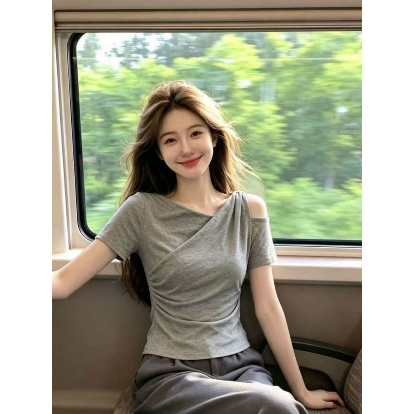 와 사고 방식 모달 260 그램 1 1 한 부서 미니멀리즘 회색 오프숄더 비스듬한 칼라 반팔 티셔츠 여성 상세 이미지 4
