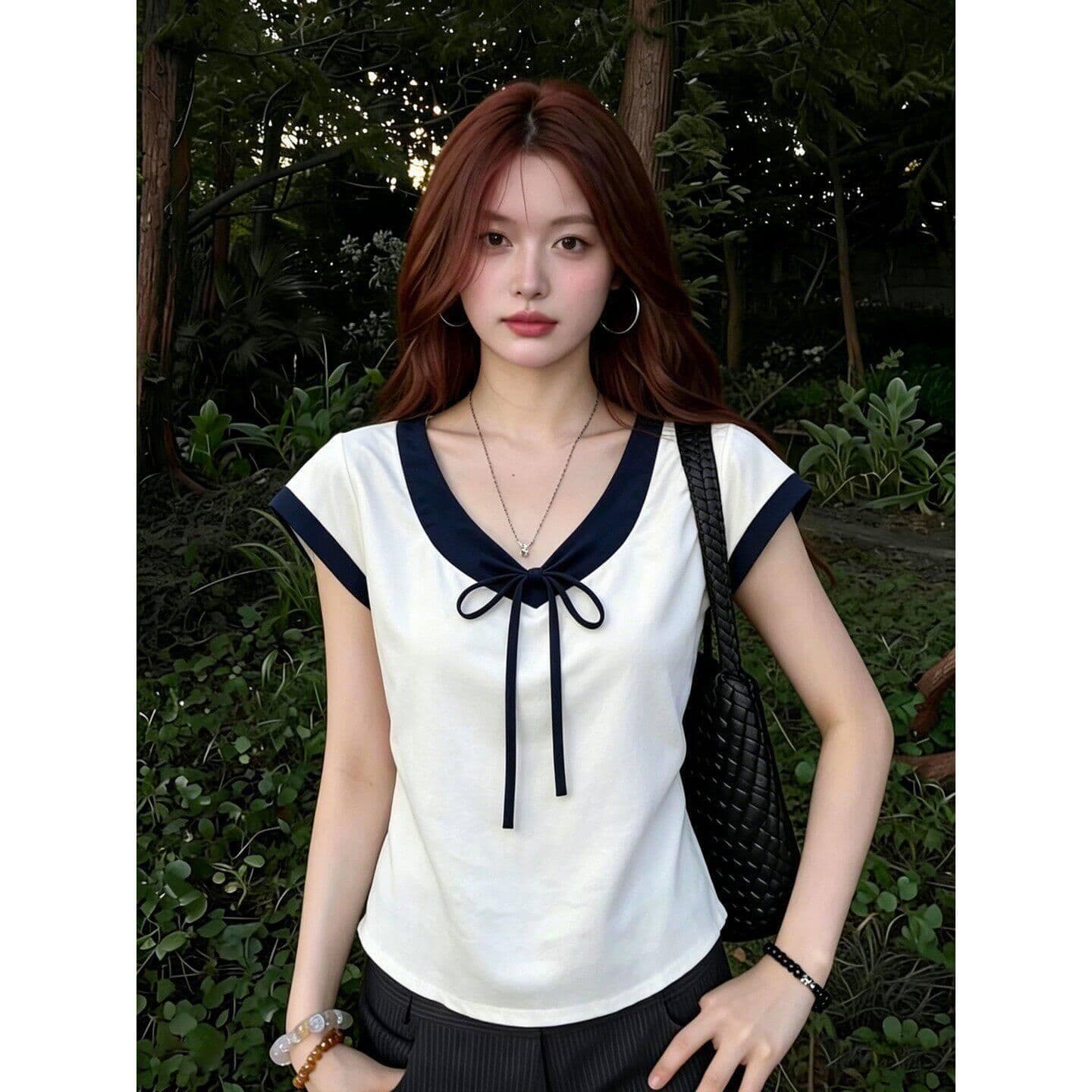 210 그램 40 좋은 면 1 1 순수한 욕망 바람 여름 나비 넥타이 V넥 나팔 소매 디자인 센스 맨위 이미지 2