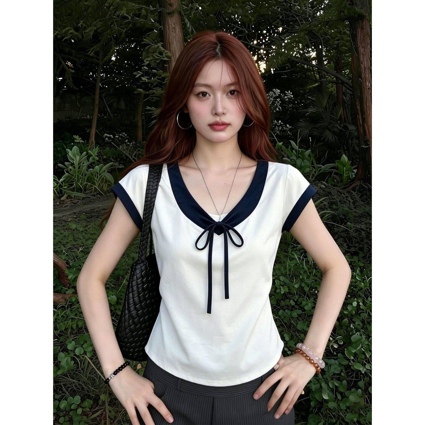 210 그램 40 좋은 면 1 1 순수한 욕망 바람 여름 나비 넥타이 V넥 나팔 소매 디자인 센스 맨위 이미지 3