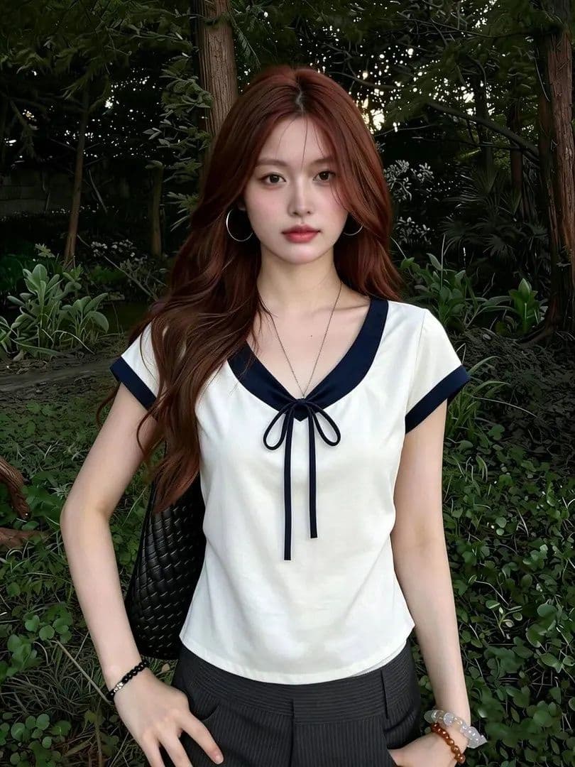 210 그램 40 좋은 면 1 1 순수한 욕망 바람 여름 나비 넥타이 V넥 나팔 소매 디자인 센스 맨위 상세 이미지 2