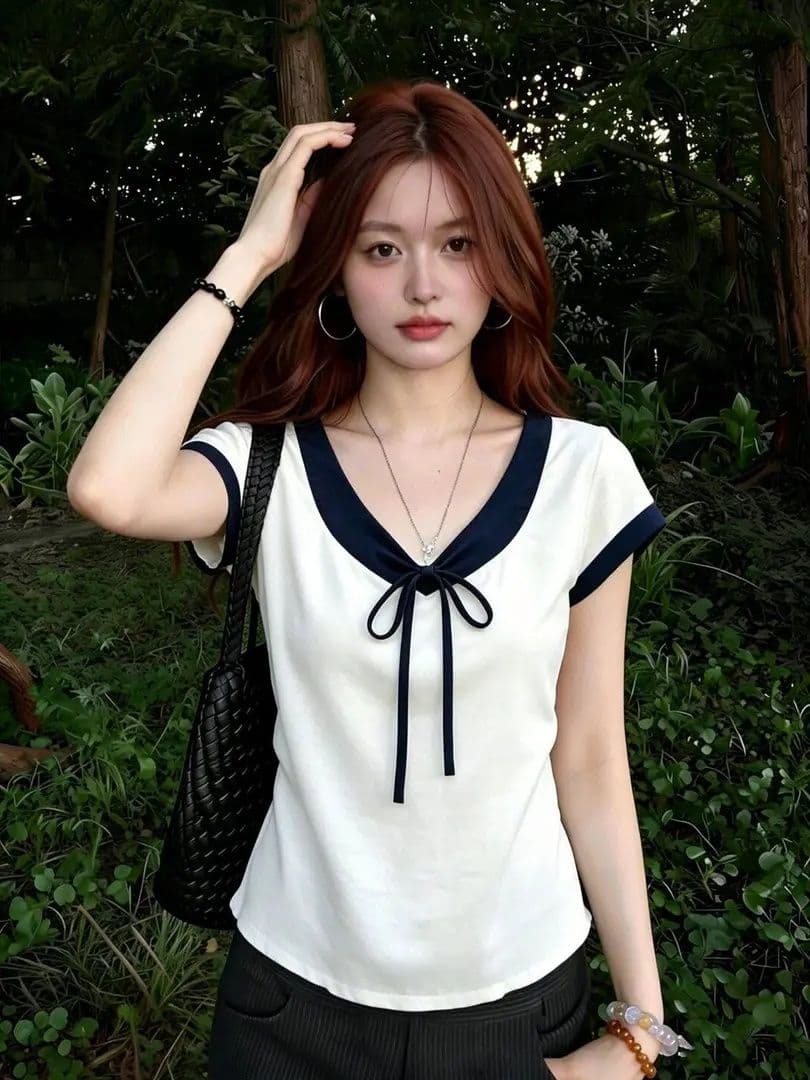 210 그램 40 좋은 면 1 1 순수한 욕망 바람 여름 나비 넥타이 V넥 나팔 소매 디자인 센스 맨위 상세 이미지 3